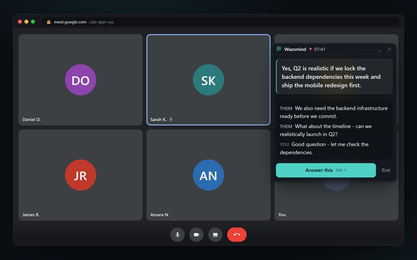 Wazomind giving live AI suggestions with a transcript during a Google Meet call